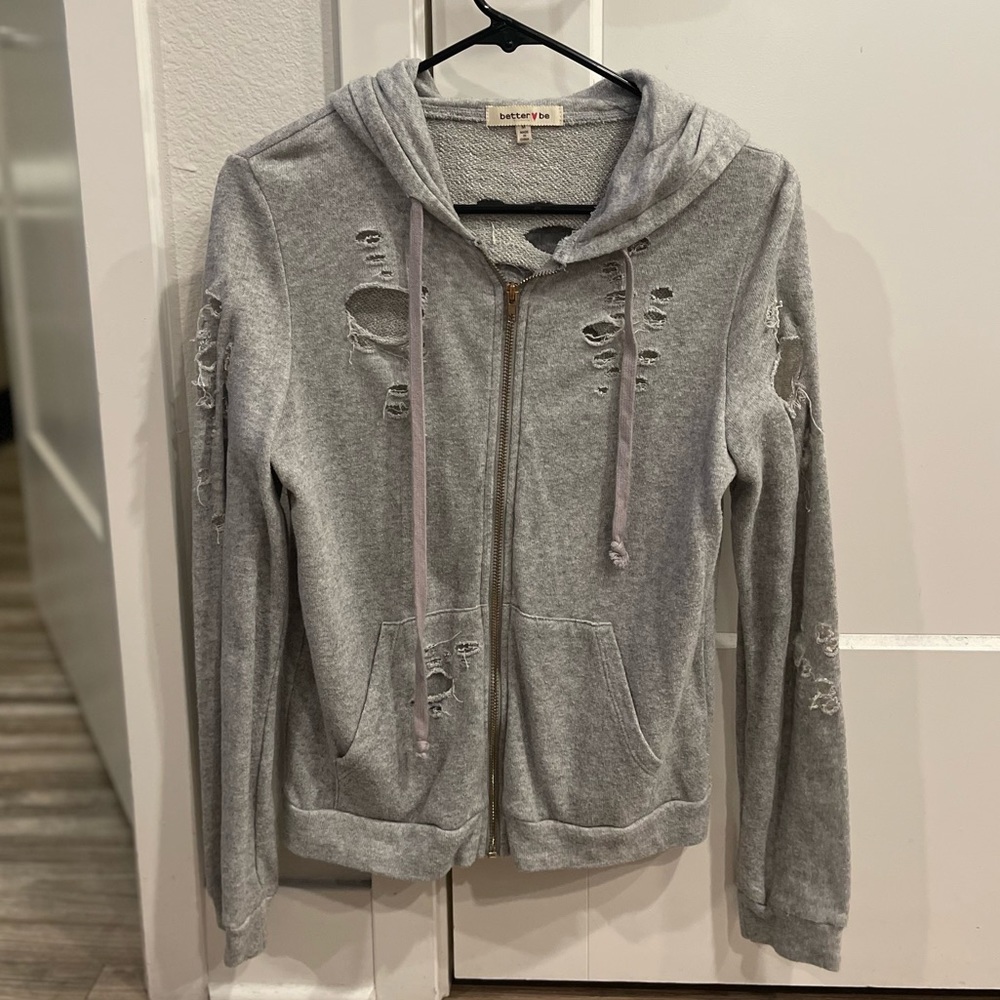 Distressed Gray Zip Up Jacket M